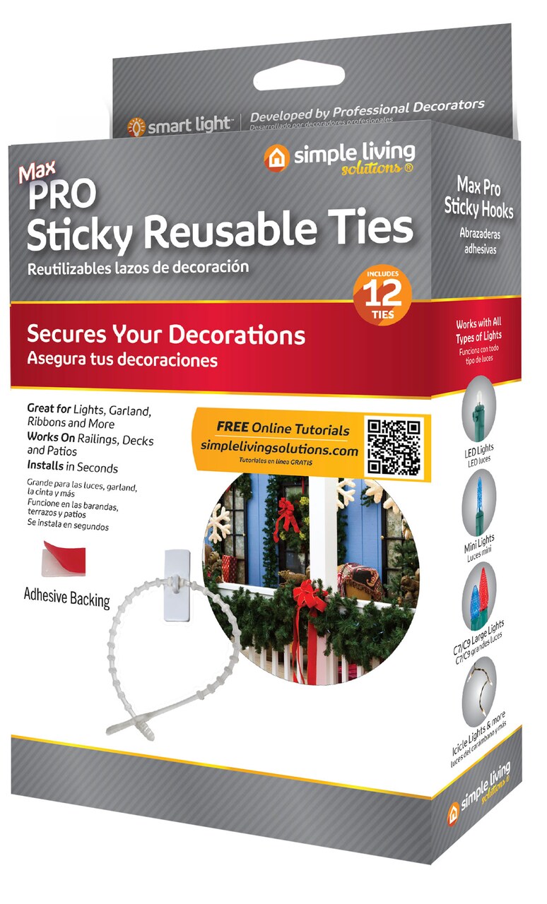 Simple Living Set of 12 Sticky Reusable Ties with Clip Hooks 2"